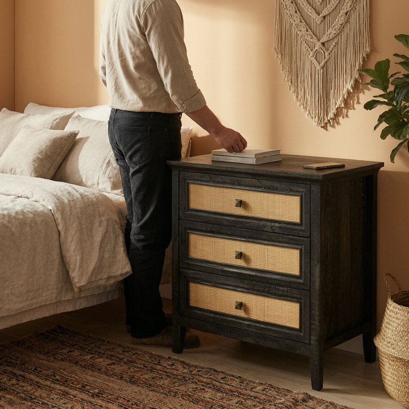 Table de chevet bohème de 74,7 cm de large avec 3 tiroirs – Table d'appoint en rotin, marron café