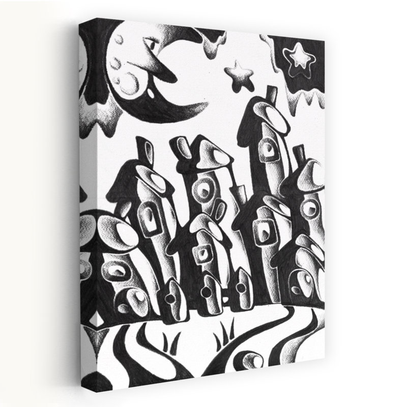 Village magique au clair de lune - Illustration surréaliste et abstraite représentant un paysage naturel, H 18 po x l 12 po
