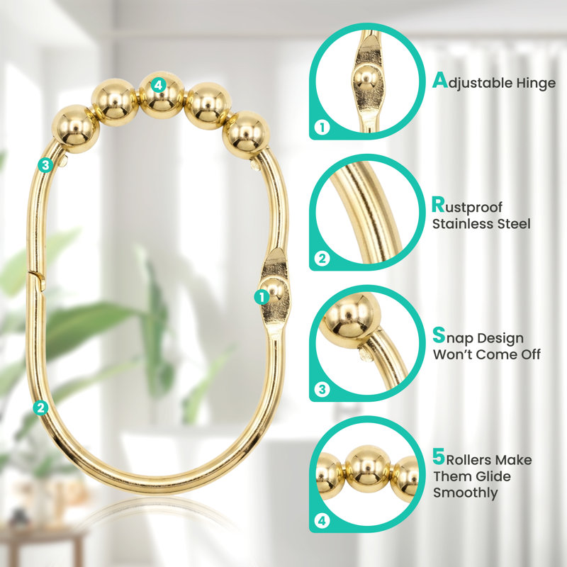 Rust Proof Metal Shower Curtain Hooks Rings, Gold