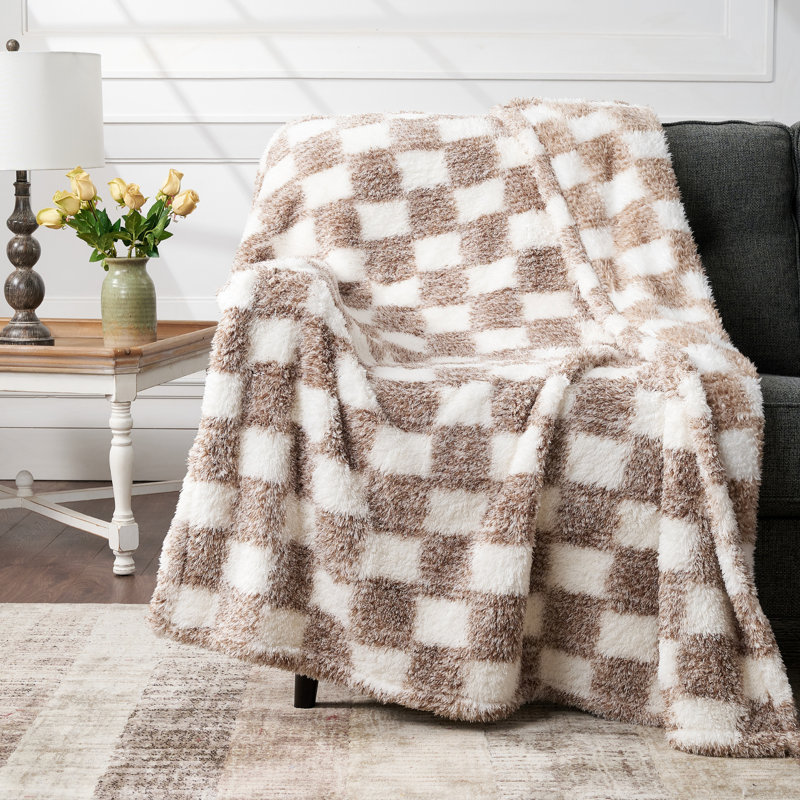 CBCHome Checkered Furry Chenille Throw Blanket - Soft, Plush, Fluffy Sofa and Bed Throw, Teens - All Season Home Décor (Taupe Brown, 50"x60")