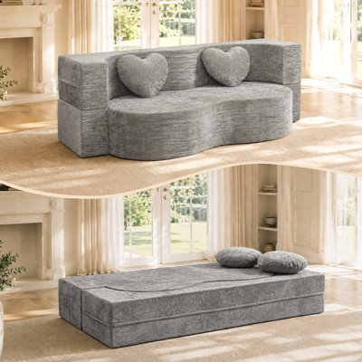 Canapé-lit en forme de cœur convertible en forme de cœur, canapé-lit sans assemblage en éponge de 78,7 po dans une boîte avec coussins pour salon, appartement et chambre d'amis - gris argenté