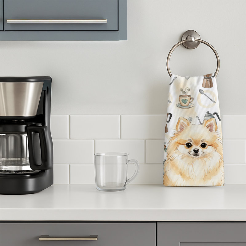 Cream Pomeranian Coffee Bar Kitchen Towel, Cream Pomeranian