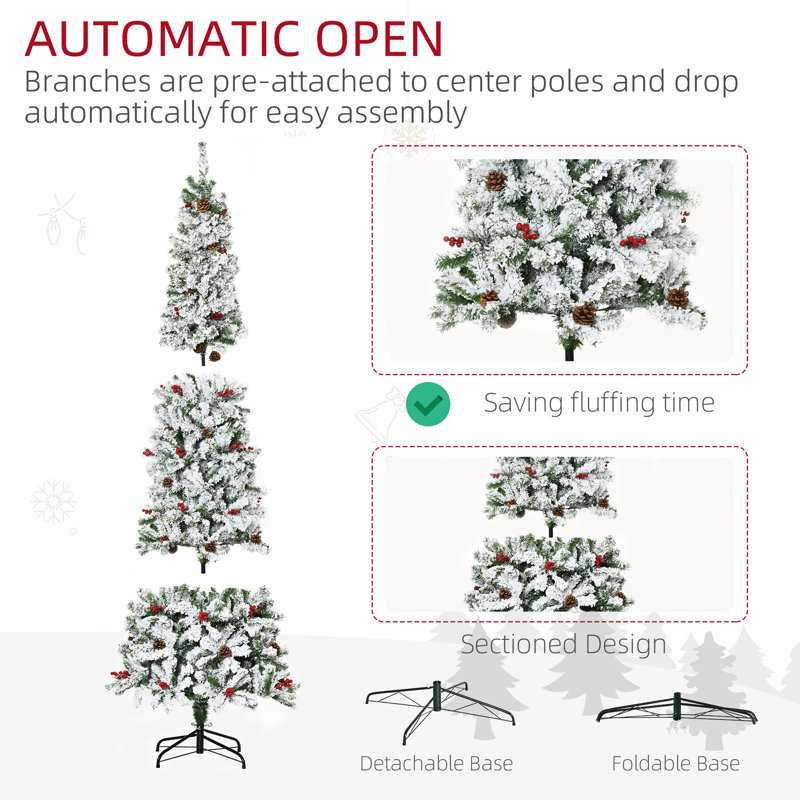 Arbre de Noël artificiel à flocons de neige 7,5 pi avec pommes de pin et baies rouges HOMcom - ouverture automatique - vert