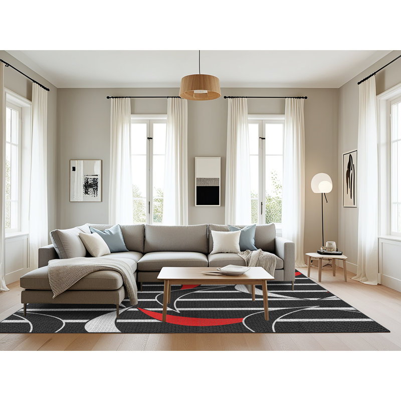 Tapis noir/rouge à motifs, Rectangle 8 pi x 12 pi