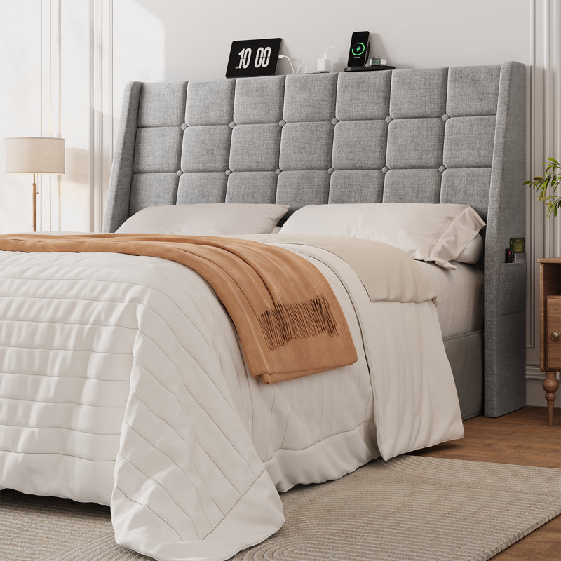 Tête de lit ergonomique rembourrée à oreilles avec station de charge USB et poches de rangement, lin capitonné, cadre de lit compatible