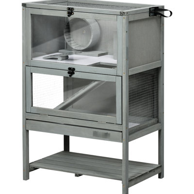 Cage à hamster en bois gris avec tablette de rangement et rampe, hauteur 35,5 po, pour 2 animaux de compagnie