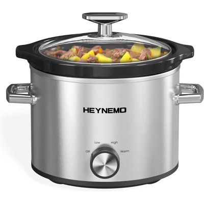2 QT Compact Electric Slow Cooker with Wood Grain Handles, Ceramic Nonstick Pot and Glass Lid-Silver
