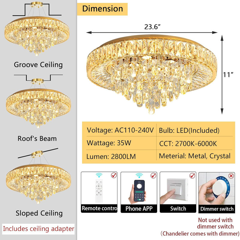 Modern Dimmable Crystal Chandelier, Gold