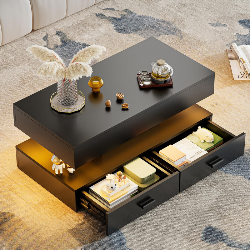 Grande table basse 47,2 po très brillante avec table basse à DEL à 2 niveaux pour le salon, table centrale rectangulaire avec rangement caché pour le bureau personnel, noir