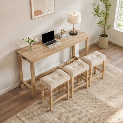 Ensemble de table de bar 4 pièces avec prise de courant, ensemble de table de bar avec chaises, table de bar avec tabourets, table de canapé derrière avec 3 tabourets rembourrés pour le salon, la salle à manger, chêne clair