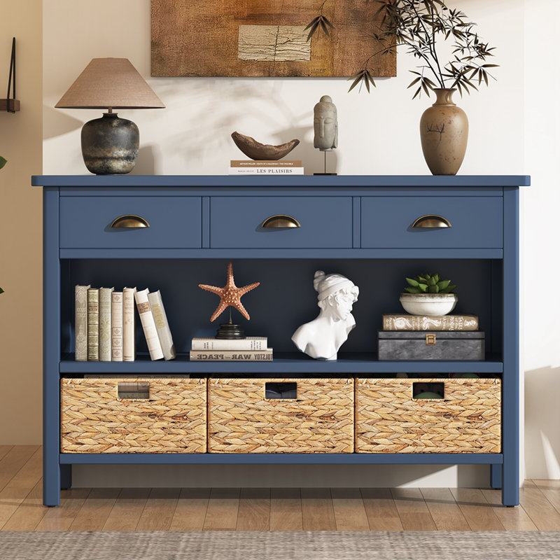 Vintage Console Table with Water Hyacinth Woven Baskets, Navy Blue