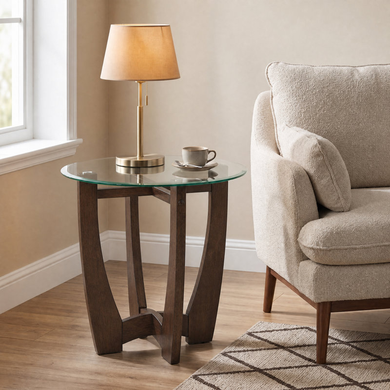 Table basse ronde en verre Allaga de 23,5 pouces avec base en bois de cerisier pour salon et bureau