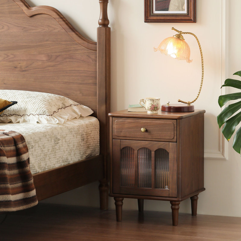 23"H Modern Traditional Solid Wood Nightstand with Fluted Glass Door, Storage Drawer-Right, Right Door, Black Walnut 