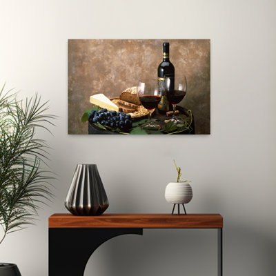 Still Life Of Wine Bottle Wine Glasses Cheese And Purple Grapes On Top Of Barrel Contemporary Art