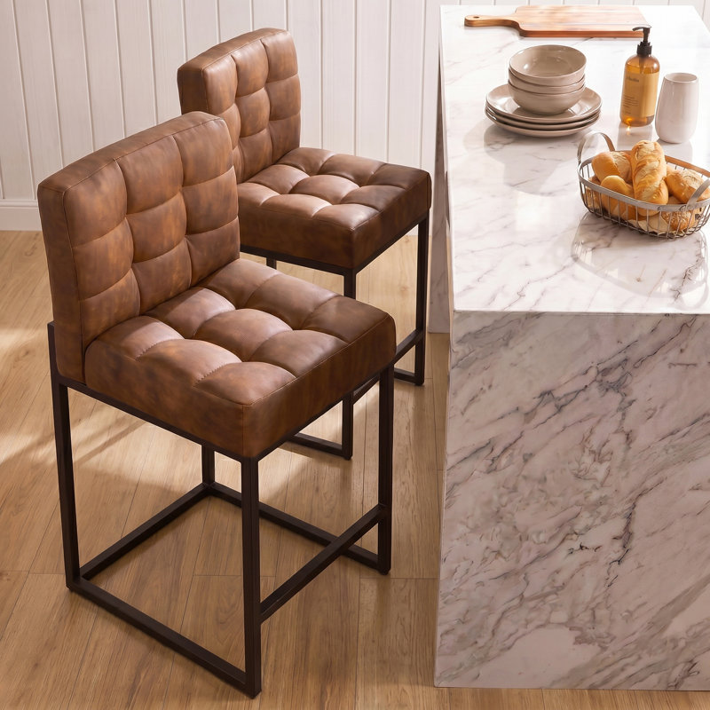 Modern Counter Height Bar Stools Set of 2,25 inch Checkered Wiring Thick Upholstered Barstools with Back Sturdy Metal Legs, Coffee Faux Leather Counter Stools for Kitchen Island (Set of 2)