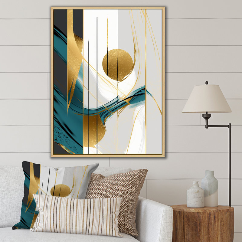 Pleine lune or et turquoise minimalisme I sur toile, H 44 po x l 34 po x P 1,5 po, Cadre naturel flottant