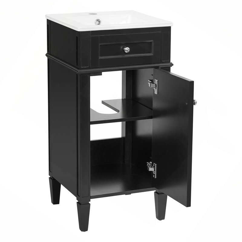 Meuble-lavabo de 16 po avec lavabo en céramique, ensemble de meuble-lavabo simple autoportant avec porte à fermeture douce, tablette réglable, pieds pleins