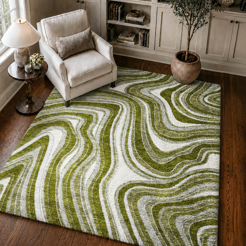 Tapis Dream Shag ADS756 à motifs tourbillonnants, lavable à la machine de qualité supérieure, Olive, 10' x 14'