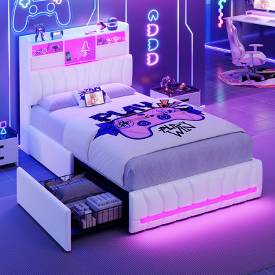 Bed Frame With Storage Headboard And Two Large Drawers, Gaming Bed With Rgb Lighting And Charging Station, E-sports Style Bed, No Spring Mattress Required