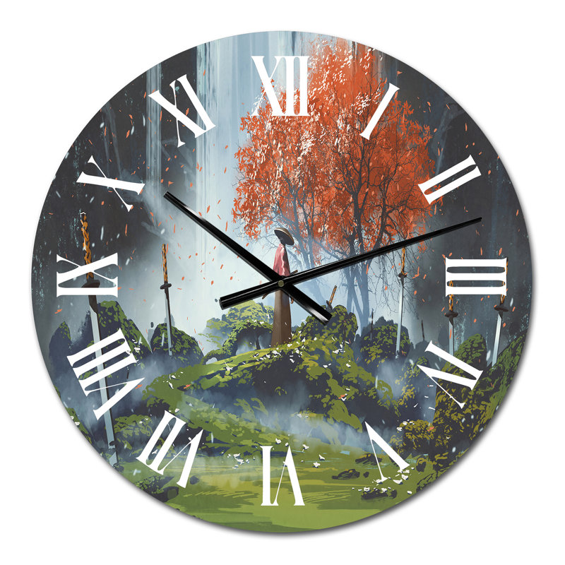 Samouraï debout dans un jardin en cascade avec des épées - Horloge murale traditionnelle, Petit