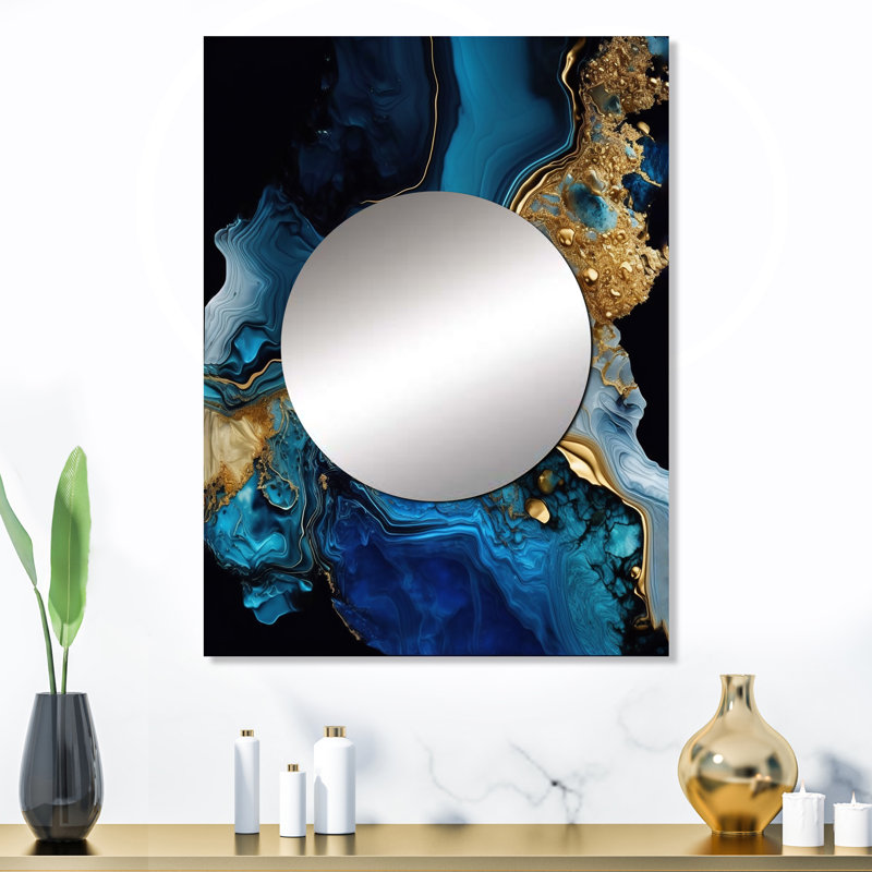 Abstract Geode Gold And Blue Marble IV - Marble Decorative Wall Mirror, Blue Mirror, Printed Metal Art, 32" x 24"
