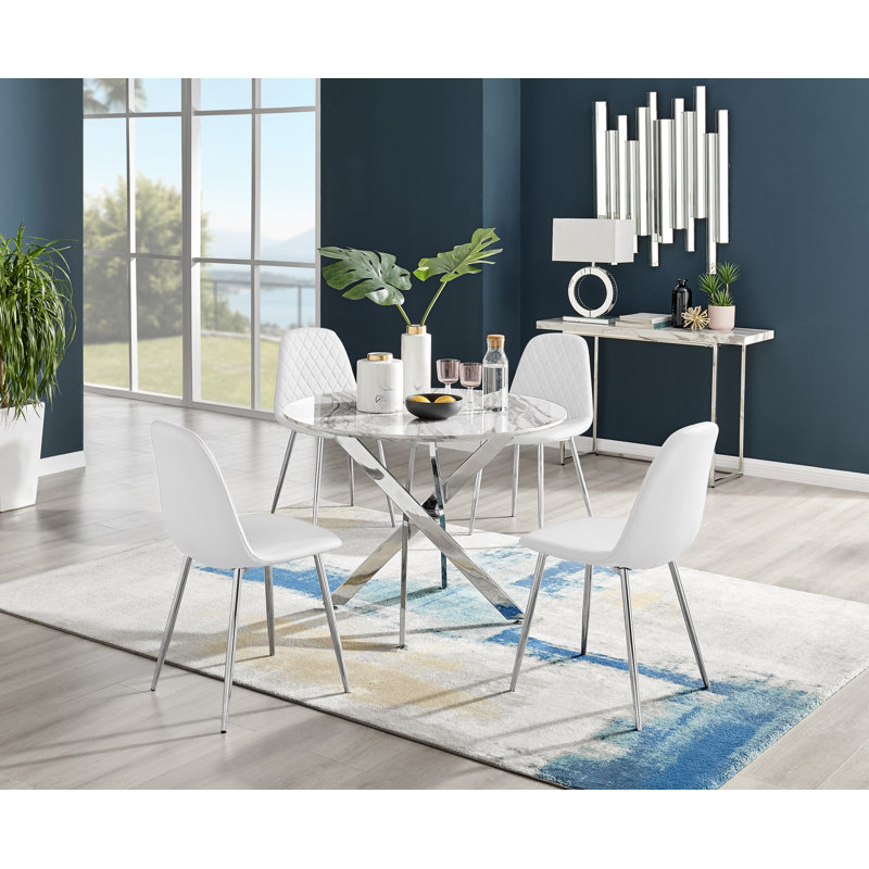 4 - Person Dining Set, White/Silver, Grey Marble