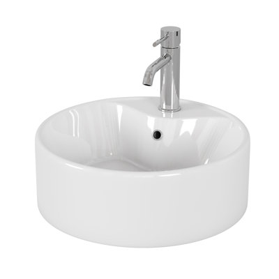 15.7" Bathroom Vessel Sink, Ceramic Round Vanity Sink with Overflow Hole, Glossy White Countertop Basin for Modern Bathroom Renovation