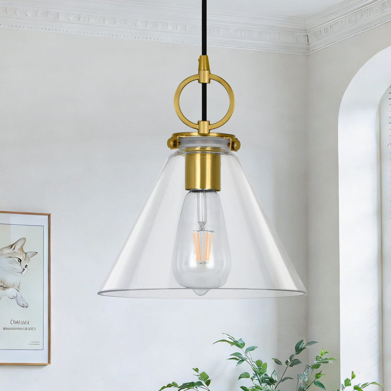 1-Light Pendant Light with Clear Glass Brass Base, Gold