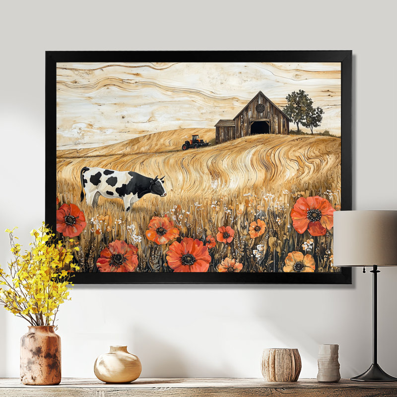 Paysage de coquelicots et vache et la grange II - coquelicots, art mural, H 12 po x l 20 po, Cadre simple noir