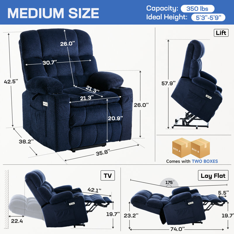 Dual Motor Power Lift Chair Recliner for Elderly with Massage and Heat, Infinite Position Electric Lift Recliner with Adjustable Headrest, USB (T6015 - Plush Fabric, Navy Blue, Medium)