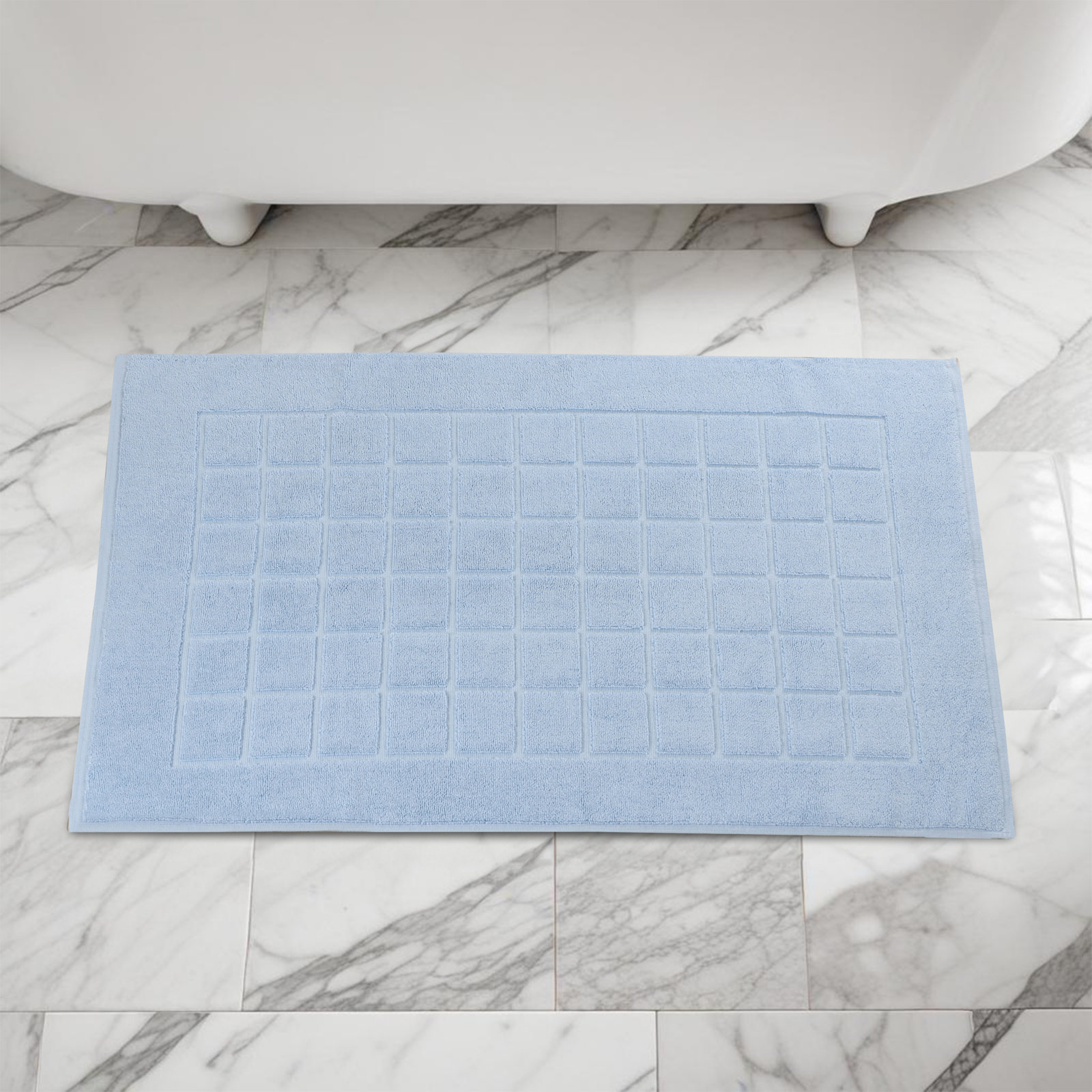 Nora Cotton Terry Solid Absorbent Thick Checkered Washable 2 Piece Bath Mat Set, Light Blue