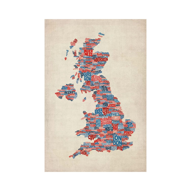 Great Britain UK City Text Map III by Michael Tompsett - Wrapped Canvas Print, 20.32 cm H x 30.48 cm W
