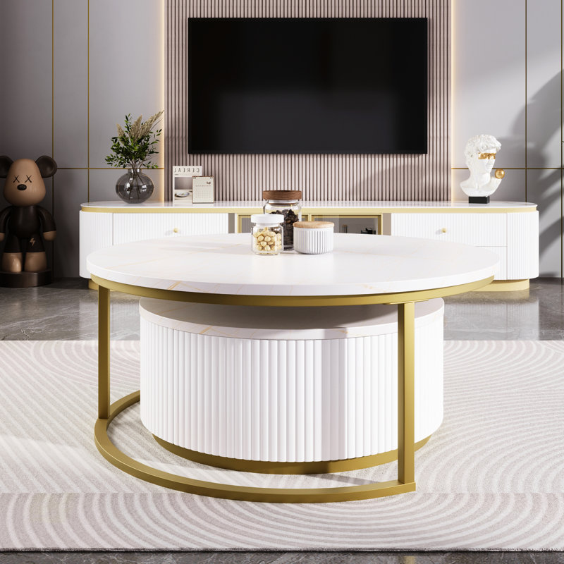 Table basse gigogne blanche avec tiroir, H 16,11 po x L 27,4 po x l 27,33 po, Blanc
