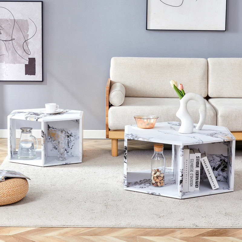 Hexagonal MDF Coffee Table Set, White