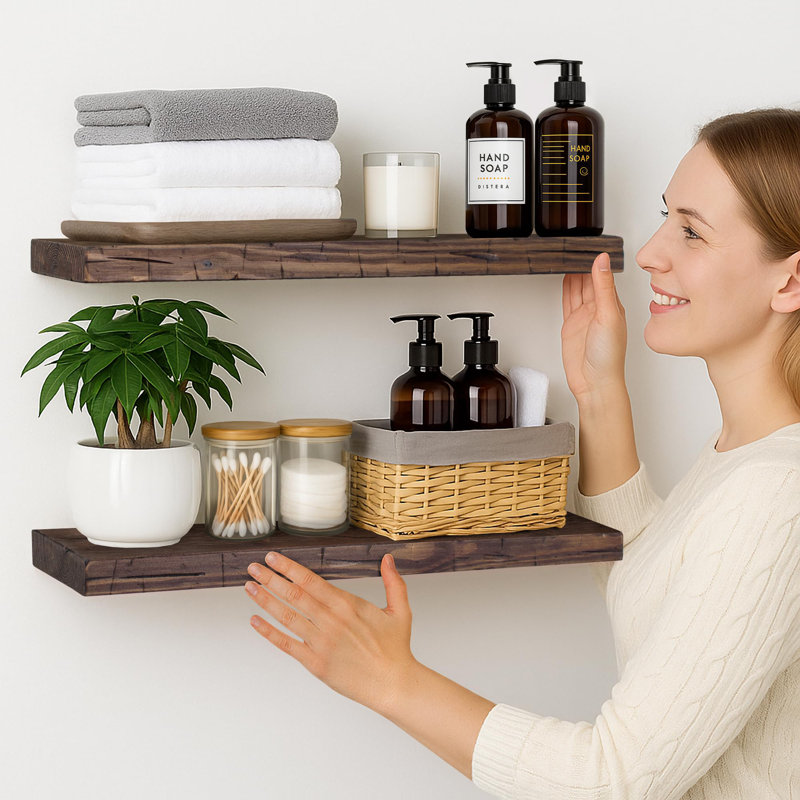 Solid Wood Floating Shelves，Rustic Wooden Wall Shelves, Distressed Walnut, 1.25" H x 24" W x 6.7" D