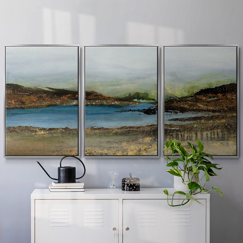 Lakeside - 3 pièces, reproduction encadrée sur toile, H 40 po x l 78 po x P 2 po, Encadrement argenté