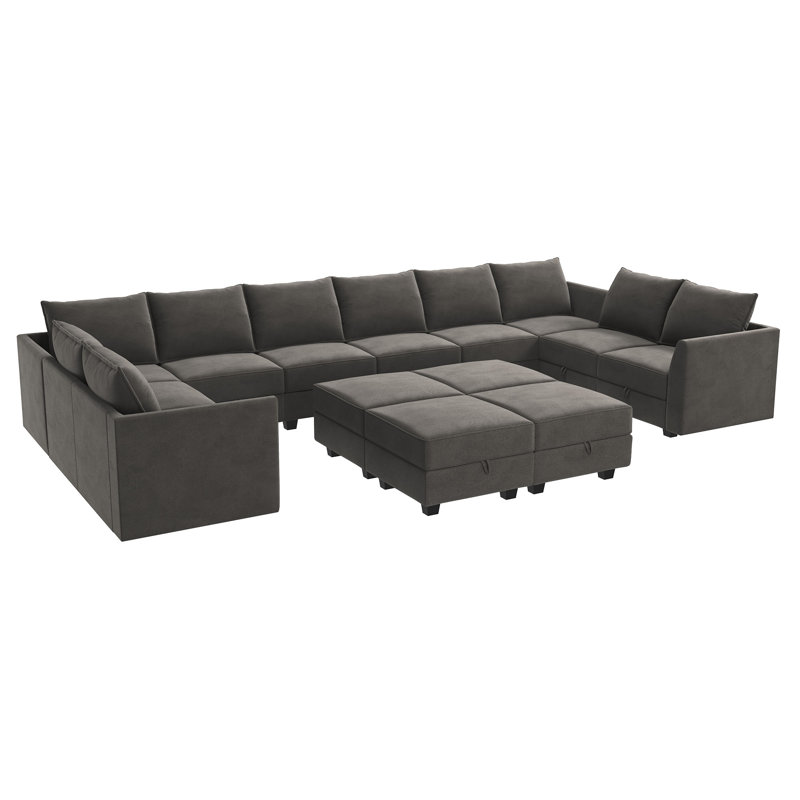 Tremee Velvet Upholstered Modular Sectional Sofa with Ottoman, Gray Velvet