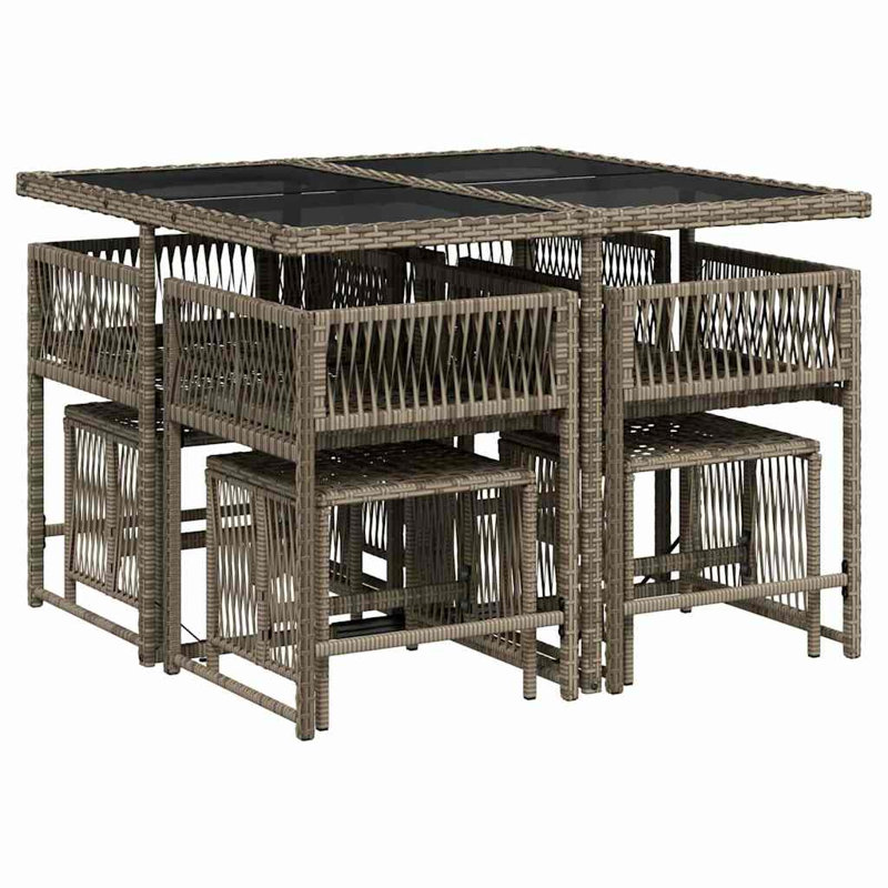 Patio Dining Set with, Grey, 5, 73 cm H x 110 cm W x 106 cm D, Grey, PE Rattan; Powder Coated Steel; Tempered Glass, 4