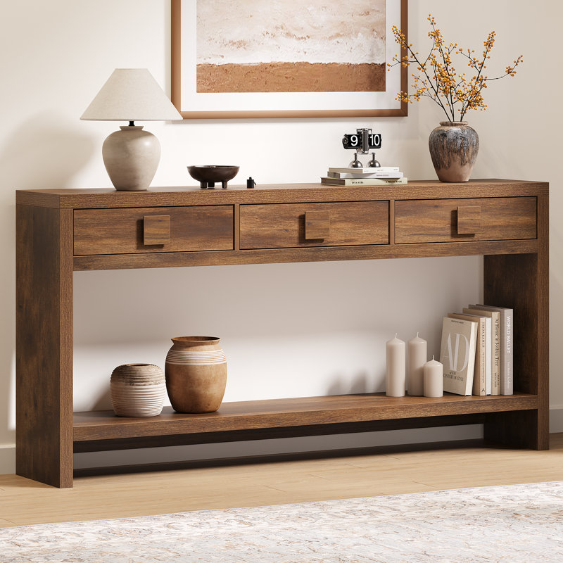 63-Inch Console Table With 3 Drawers, Farmhouse Entryway Table with Drawers For Hallway, Entryway, Living Room, Brown