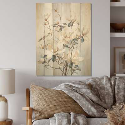 Fleurs de magnolia beige et vert - Art mural en bois de magnolia sur bois de pin naturel