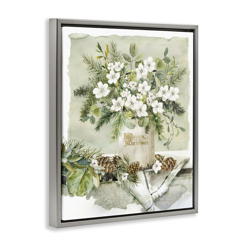 Vase de fleurs blanches de Noël, estampe numérique par Livi Finn, H 21 po x l 17 po, Cadre flottant gris lustré