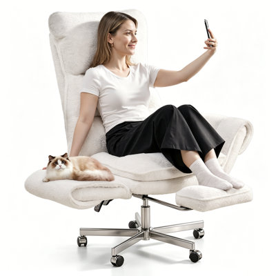 Big and Tall Office Chair, Flip Armrests for Pets & Cross Legged Sitting, Executive Ergonomic Computer Gaming Chair with Foot Rest, Teddy Fleece Wide Seat Reclining Desk Chair