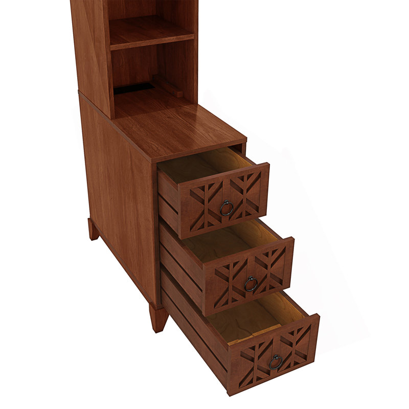 Table de bout avec 3 tiroirs, table de coin avec 2 tablettes ouvertes, table d'appoint haute, Naturel
