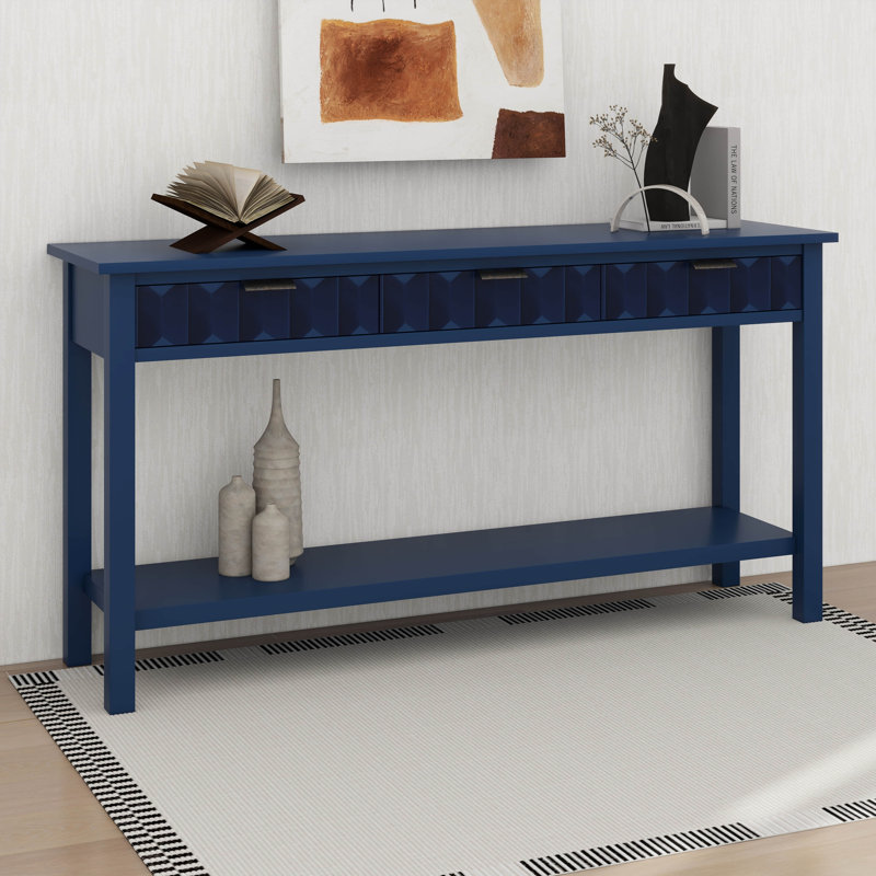 Console cannelée à 3 tiroirs, table d'entrée moderne en bois à 2 niveaux avec tablette de rangement ouverte, Marine