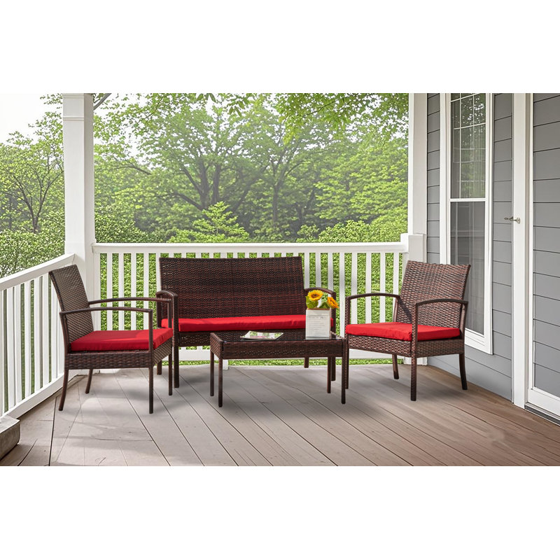 Ensemble de conversation en rotin avec coussins 4 pièces Exmore, Rouge