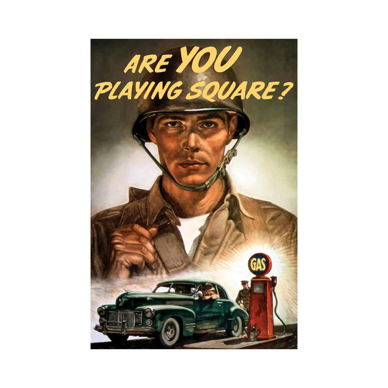 WWII Propaganda Poster Of A Soldier Overlooking A Man At The Gas Pump by Stocktrek Images - Wrapped Canvas Print