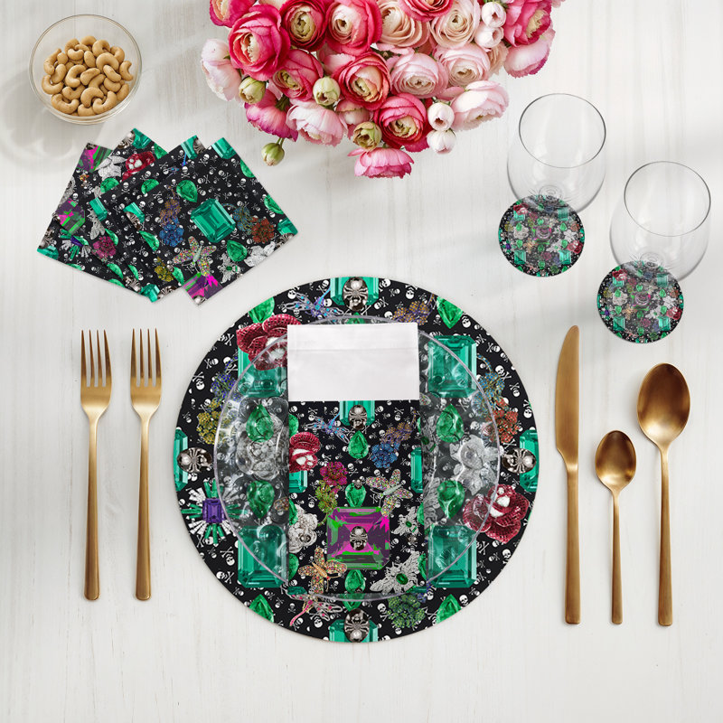 Jewel Box Emeralds Skulls Black Vegan Leather Round Coasters