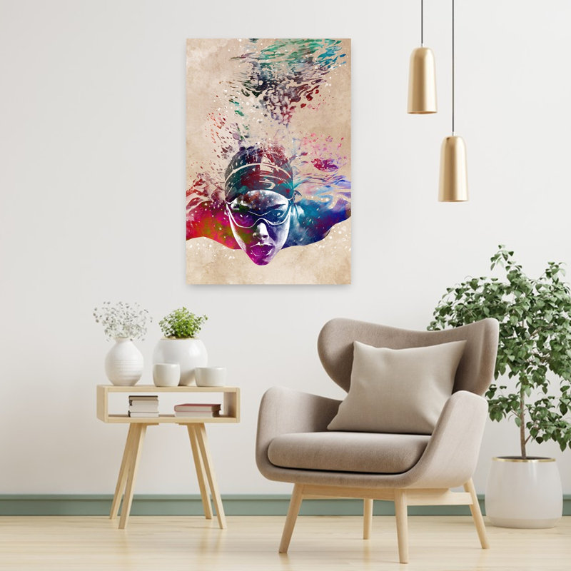 «Vibrant Underwater Swimmer», art mural contemporain, 36" H x 24" W