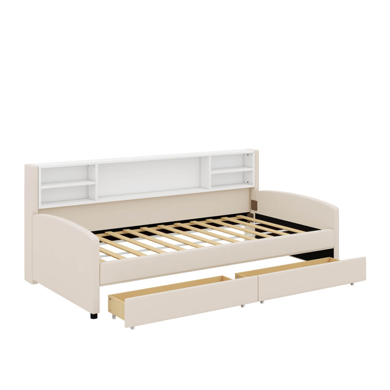 Lit plateforme simple tapissier avec tiroirs, Beige