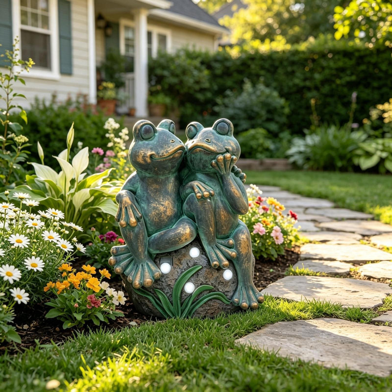 Sculpture fantaisiste représentant un couple de grenouilles enlacées, avec éclairage solaire d'ambiance, en oxyde de magnésium à patine bronze, décoration extérieure pour terrasse et jardin.